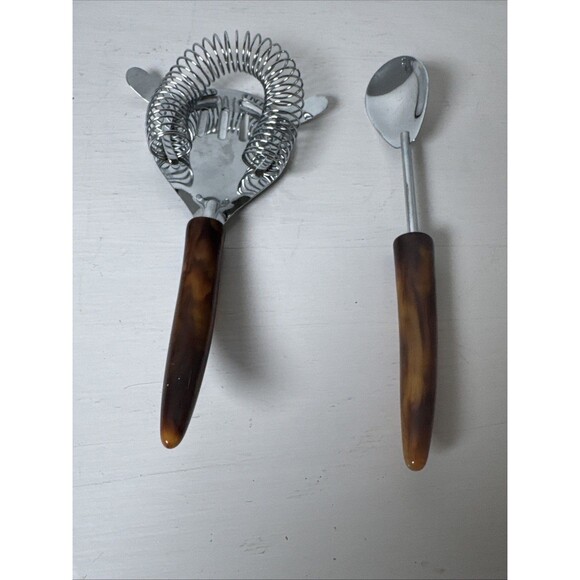 MCM Parker Gaines Stainless Cocktail Strainer & Spoon w/ Marbled Bakelite Handle - Picture 4 of 8